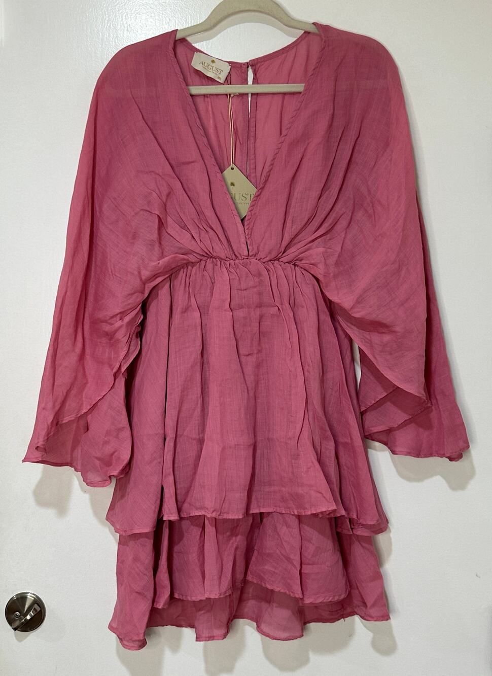 August Tiered Ruffled Dress Rosy Pink Ramie Size M/L NWT Vacation Made In Greece